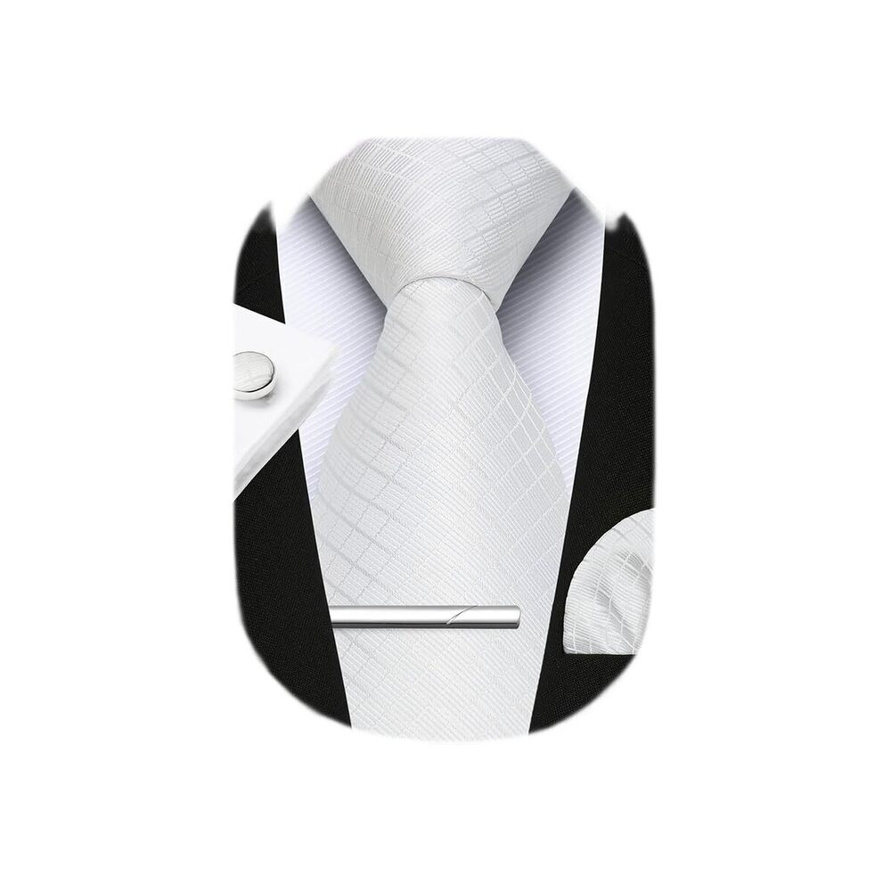 9185 White Tie Plaid Ties Necktie and Pocket Square Cufflinks Tie Clip Set
